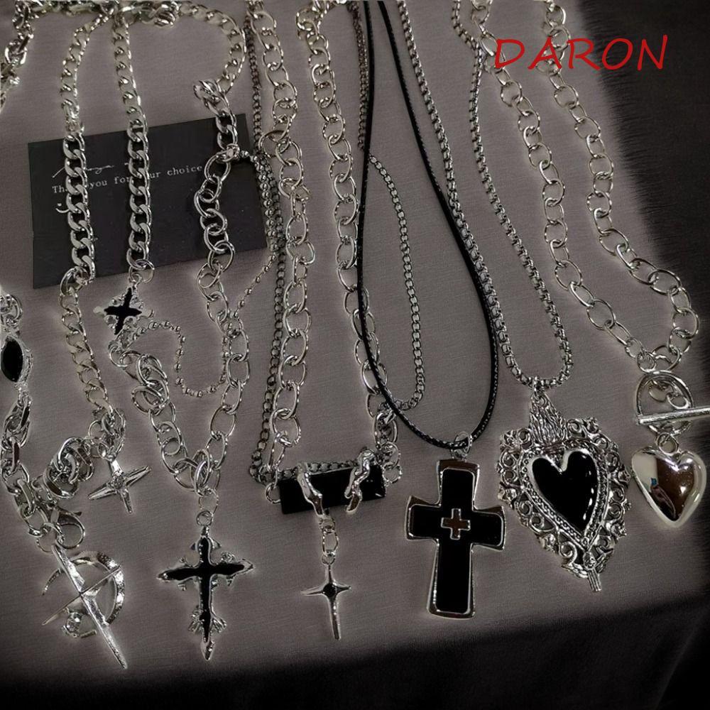 DARON Punk Rock สร้อยคอ,สีดําหัวใจสังกะสี 90 S Y2K สร้อยคอ,ฮาโลวีน Gothic เสื้อกันหนาว Street Vintag