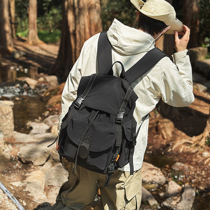 Niche Design Drawstring Flap Backpack Tooling Style Outdoor Hiking Hiking Bag Fashion Casual Large- 
