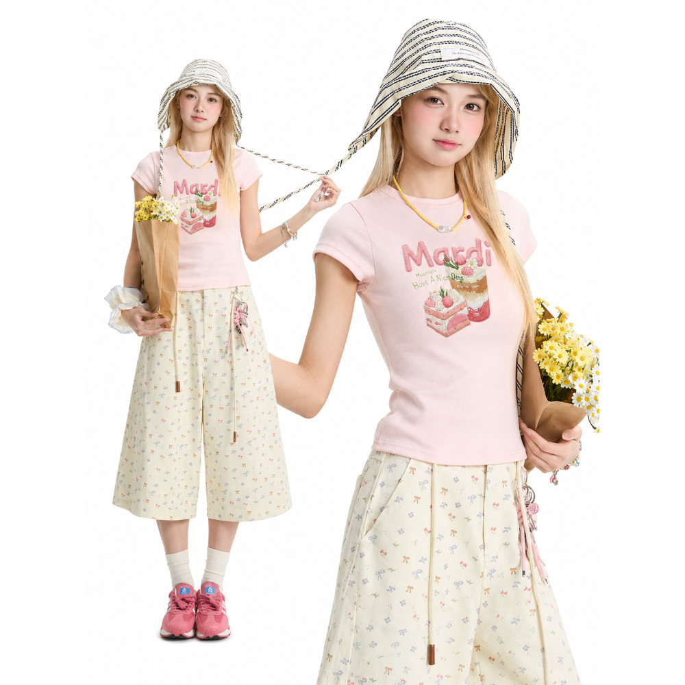 （พร้อมส่ง ส่งไว24ชม.）เสื้อ baby tee สีชมพูลายเค้กสตรอว์เบอร์รี่น่ารัก y2k ทรงเข้ารูป ผ้านุ่มหวานละมุน ใส่แล้วดูเด็กมาก