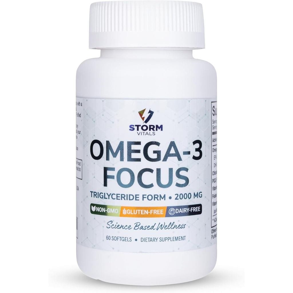 Omega-3 Focus 2000mg พร้อมสูตร Nootropic – Cicoline, DHA, EPA, B12, PQQ, Folate & P5P – Triglyceride