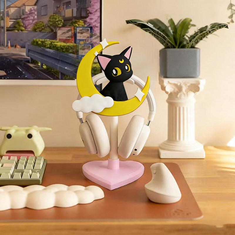 Didai Moon Cat ที่วางหูฟังน่ารักสีชมพูชั้นเก็บหูฟังโต๊ะเกมพร้อมของขวัญหญิง