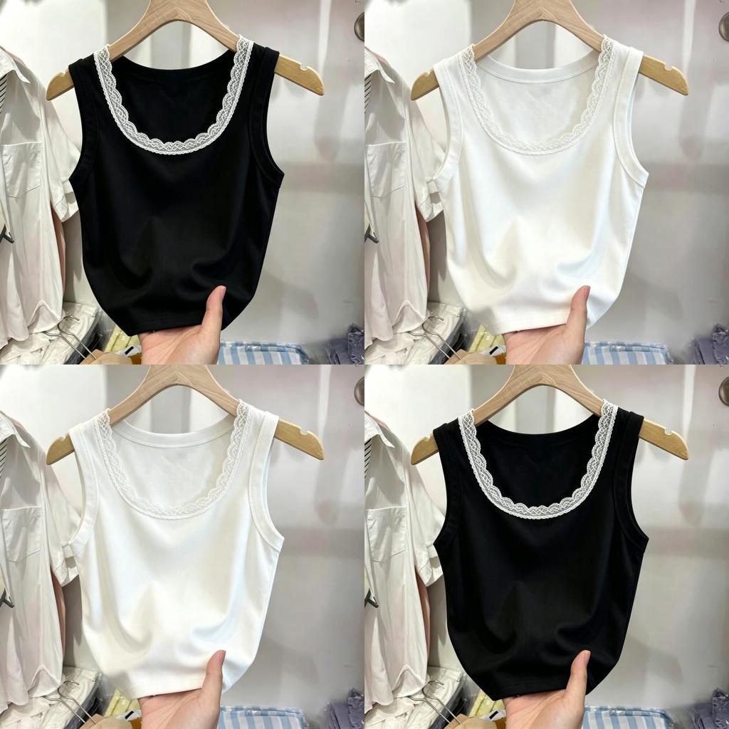 เสื้อกล้ามคอกลมลูกไม้ขอบลายสำหรับผู้หญิง เสื้อไร้แขนรัดรูปดูผอมใส่เข้ากับทุกชุด ใส่ข้างนอกหรือใส่ในเป็นเสื้อพื้นฐานได้