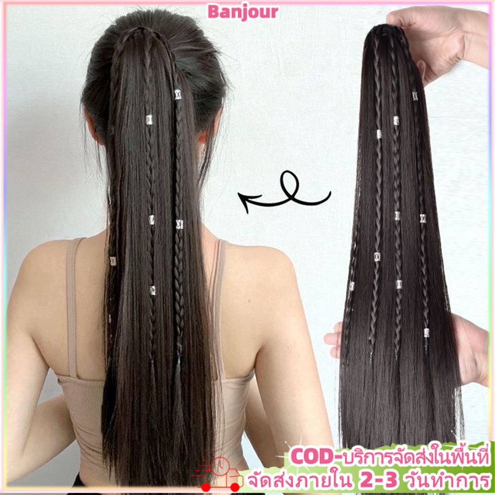 แฟชั่นผู้หญิงยาวตรง Twisted Braids Grabber วิกผม Hip Hop สาวปลอมผมหางม้าต่อผม