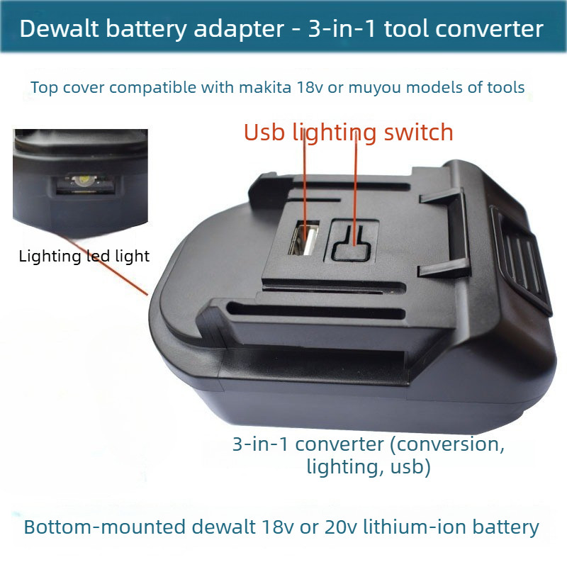 อะแดปเตอร์แบตเตอรี่ Dewalt เป็น Makita 3-in-1 พร้อมไฟ USB และ LED สําหรับเครื่องมือ 18V/20V