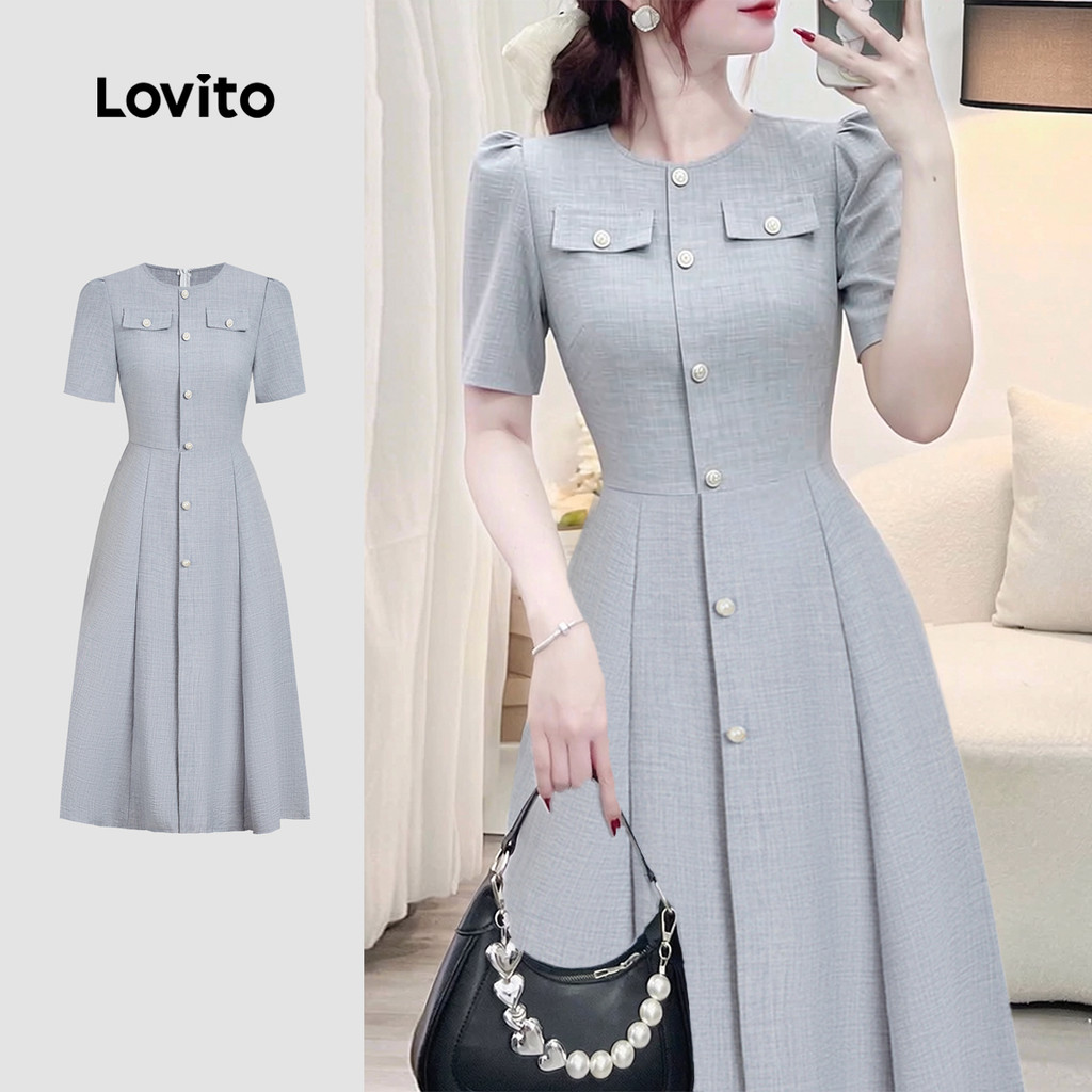Lovito สง่างาม เดรสผู้หญิงสีฟ้า กระดุมหน้า กระเป๋าปลอม ฤดูใบไม้ผลิ/ฤดูร้อน L182LD046