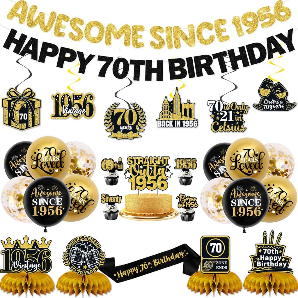 ตกแต่งวันเกิด 70th ผู้ชายผู้หญิง,สีดําทอง Happy 70th Birthday Party ตกแต่ง, Pre-Strung สุดยอดตั้งแต่