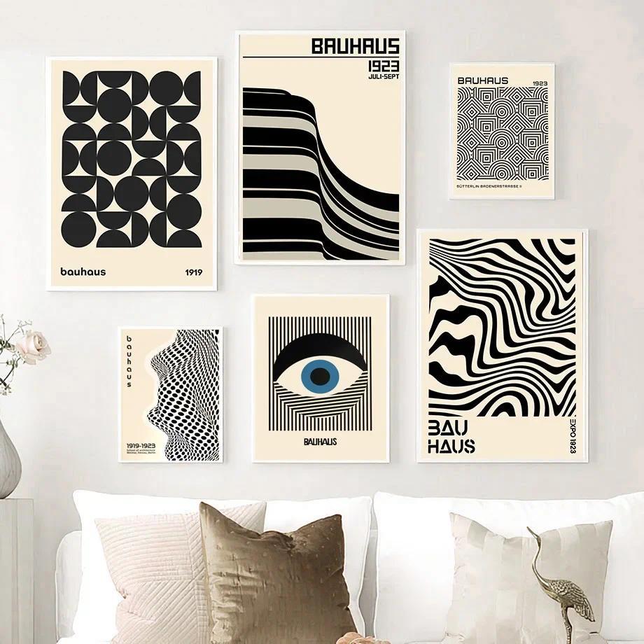 Modern Nordic Wall Art ผ้าใบ - Bauhaus เส้นบทคัดย่อ Eye Design สําหรับห้องนั่งเล่นตกแต่งบทคัดย่อ Art