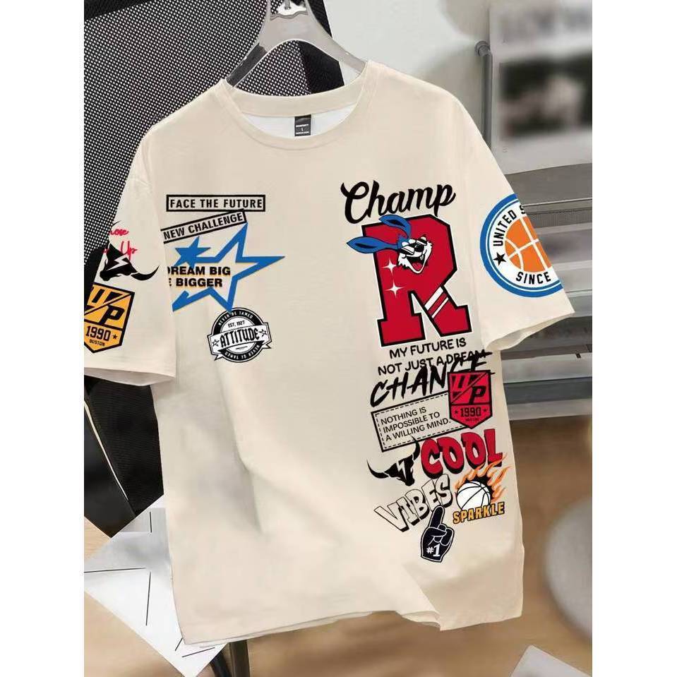 🍦Top.basic🍦เสื้อยืดผ้าคอตตอน  “CHAMP R” ทรง Oversize คอกลม แขนสั้น ผ้านุ่มสบาย ใส่ได้ทุกวัน ฤดูร้อน ไซส์ S-3XL