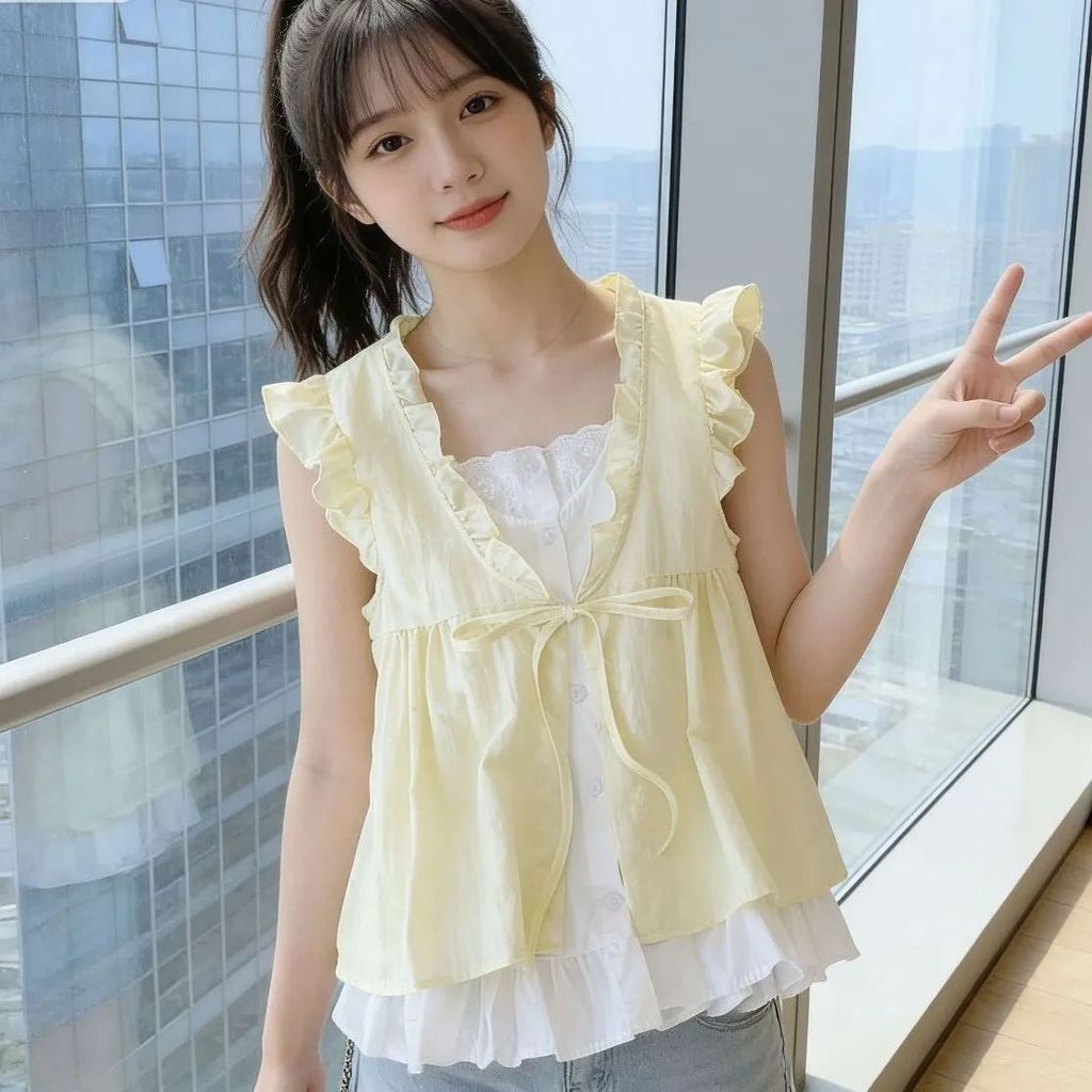เสื้อเชิ้ตลายสก็อตขอบเชื้อราเกาหลีสำหรับผู้หญิงในฤดูร้อน เสื้อเบบี้ดอลแขนกุดหลวมลดอายุ เสื้อทูพีชปลอมพร้อมดีไซน์