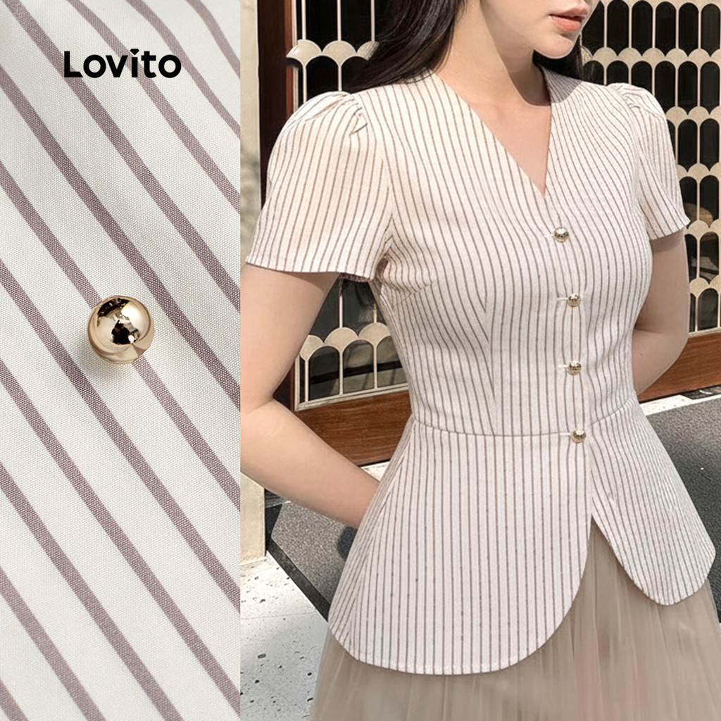 Lovito  เสื้อเชิ้ตผู้หญิงลายระบายด้านหน้าติดกระดุมสําหรับฤดูใบไม้ผลิ/ฤดูร้อน L178LD100 – โปรปัง