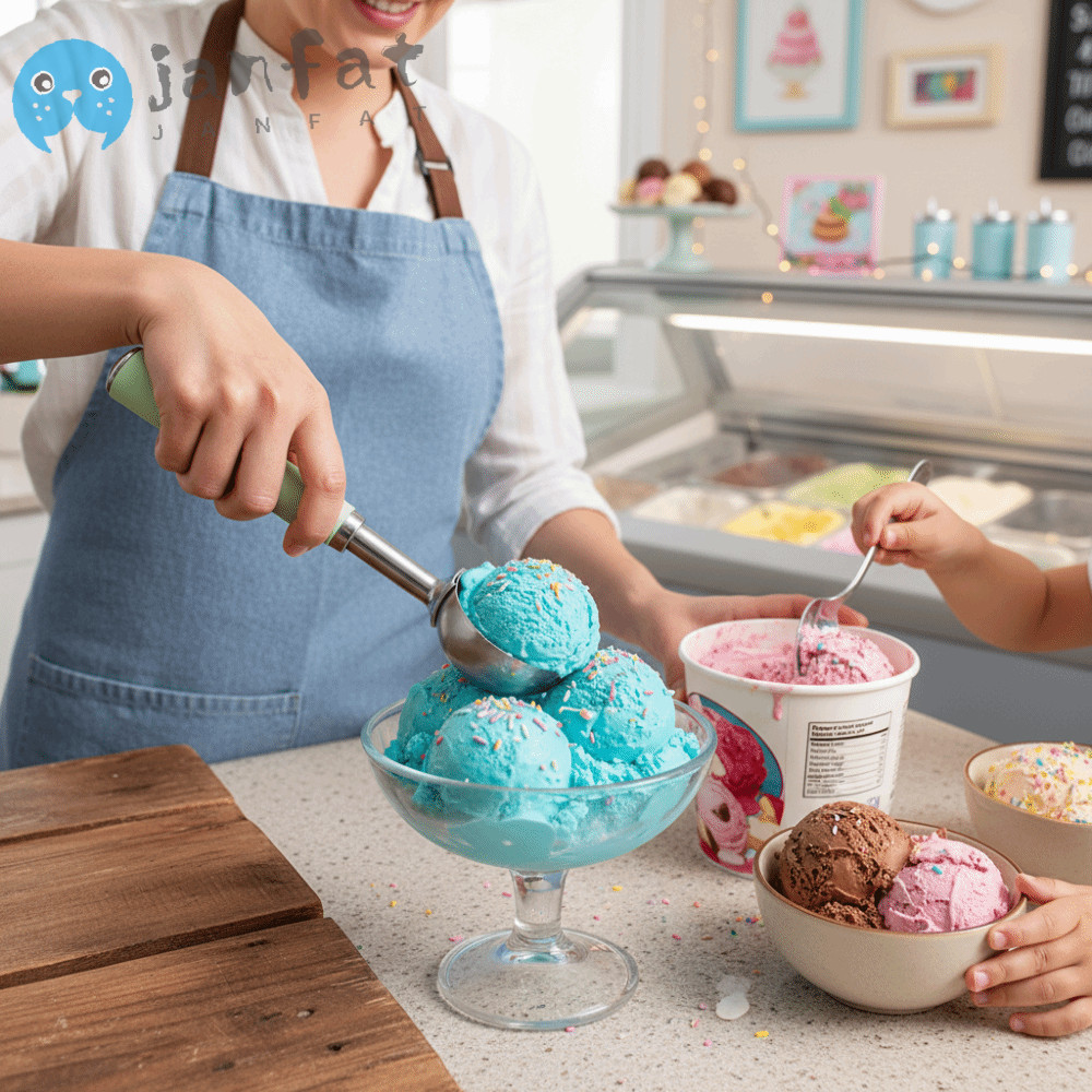 JANFAT Ice Cream Dipper, Metal Ice Cream Ball Scoop, ทนทานทําความสะอาดง่ายแบบพกพา Non-stick Ice Crea