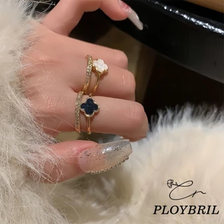 PLOYBRIL COD💖แหวนเปิดนิ้วรูปดอกโคลเวอร์สี่แฉกสองชั้นสำหรับผู้หญิง แหวนนิ้วชี้อเนกประสงค์หรูหรา J038