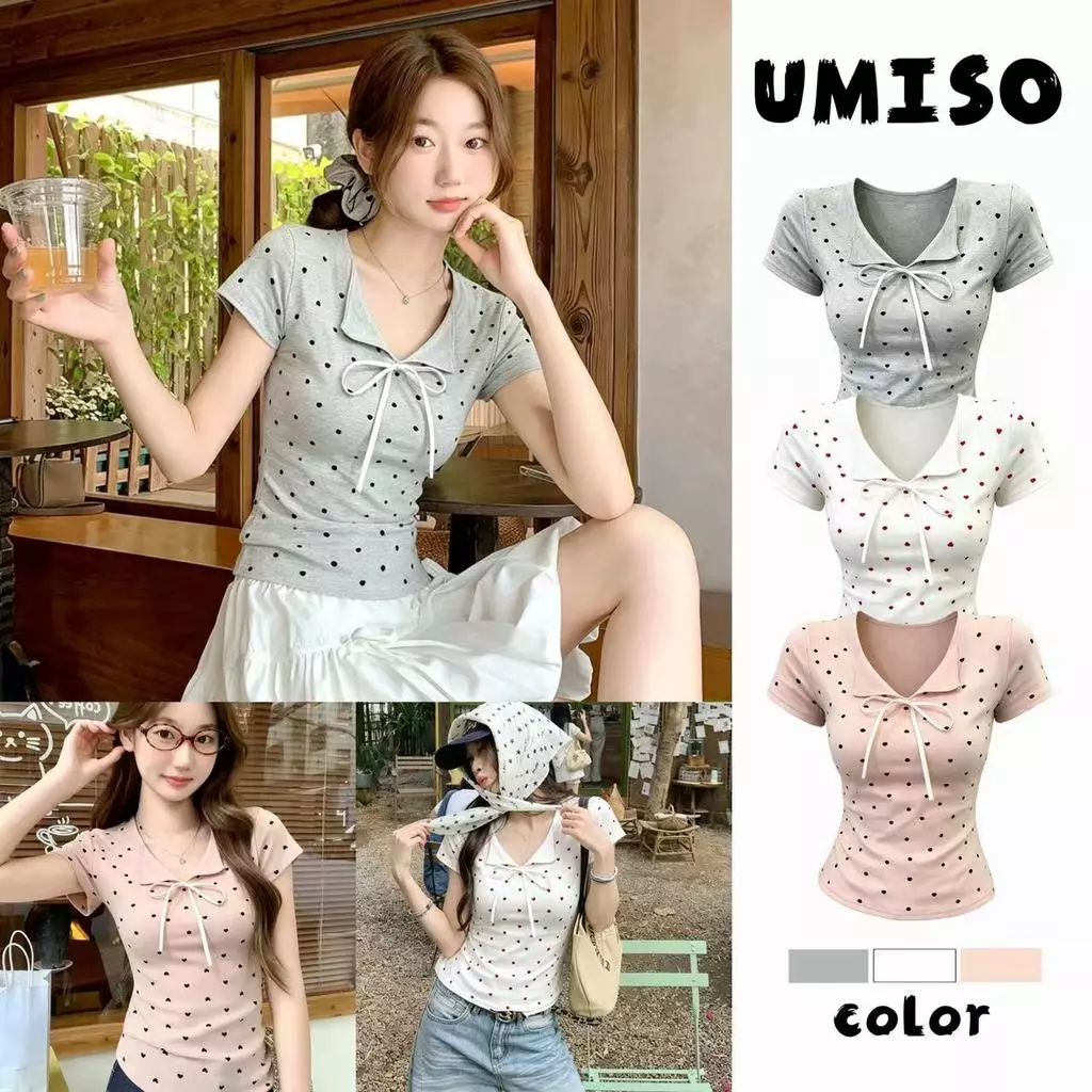 UMISO ส่งไวจากไทย เสื้อยืดผู้หญิง คอวี ลายจุดหัวใจ แต่งโบว์ แขนสั้น สไตล์เกาหลี หวานเซ็กซี่