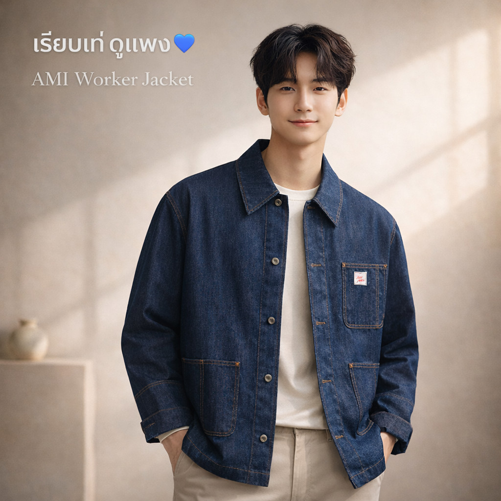 🇰🇷AMI Paris Heritage Worker Jacket สี Indigo แจ็กเก็ตยีนส์ผู้ชายผู้หญิง ทรงพรีเมียม เสื้อคลุมแฟชั่น