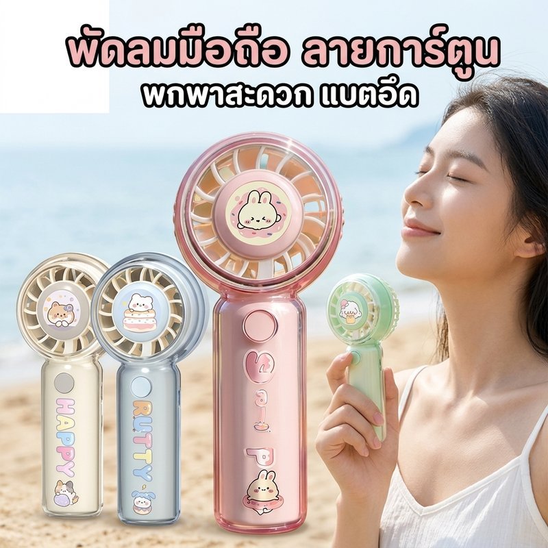 พัดลมมือถือ ลายการ์ตูนน่ารัก โปร่งใส 3 ระดับความเร็วลม ชาร์จ USB Type-C พกพาสะดวก สำหรับนักเรียน