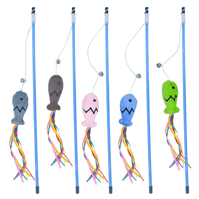 Plus ตุ๊กตาสัตว์เลี้ยงของเล่นแมวใหม่ Blue Rod Mint Ribbon Fish Teasing Cat Stick Cat Crazy Fish