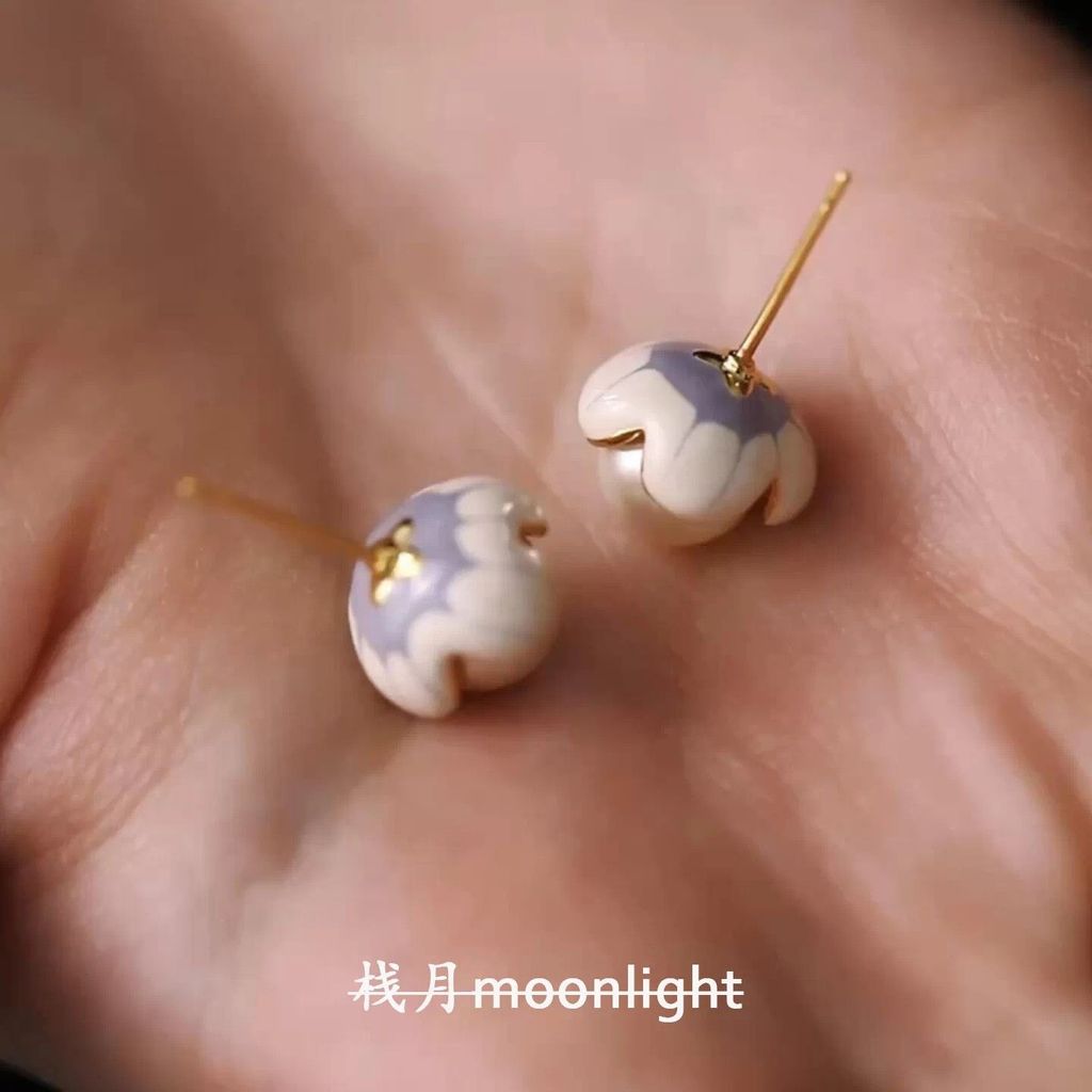 Miyan ใหม่จีนเคลือบหยดเคลือบดอกไม้ Bud ต่างหูมุก Retro Simple Light Luxury อารมณ์ต่างหูดอกไม้