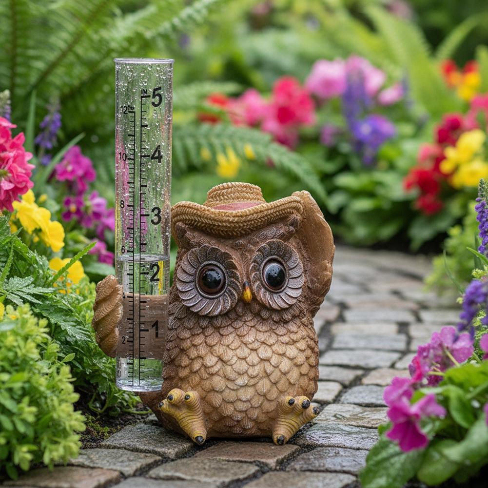 สไตล์ Garden Gnome Rain Gauge เครื่องประดับนกฮูก Bird Garden เรซิ่นประติมากรรมกลางแจ้ง O0d8