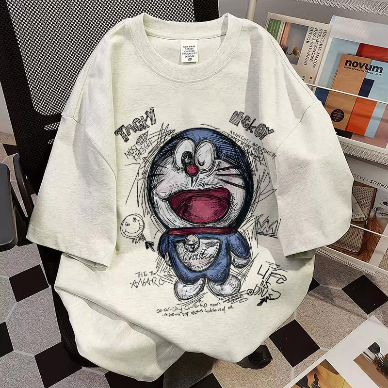 COD จัดส่งตลอด 24 ชั่วโมง Fanfei  ผู้หญิง/ผู้ชายเสื้อยืดลำลองอเมริกันย้อนยุคน่ารักการ์ตูนโดราเอมอนลายพิมพ์ผ้าฝ้ายแท้ล้าง