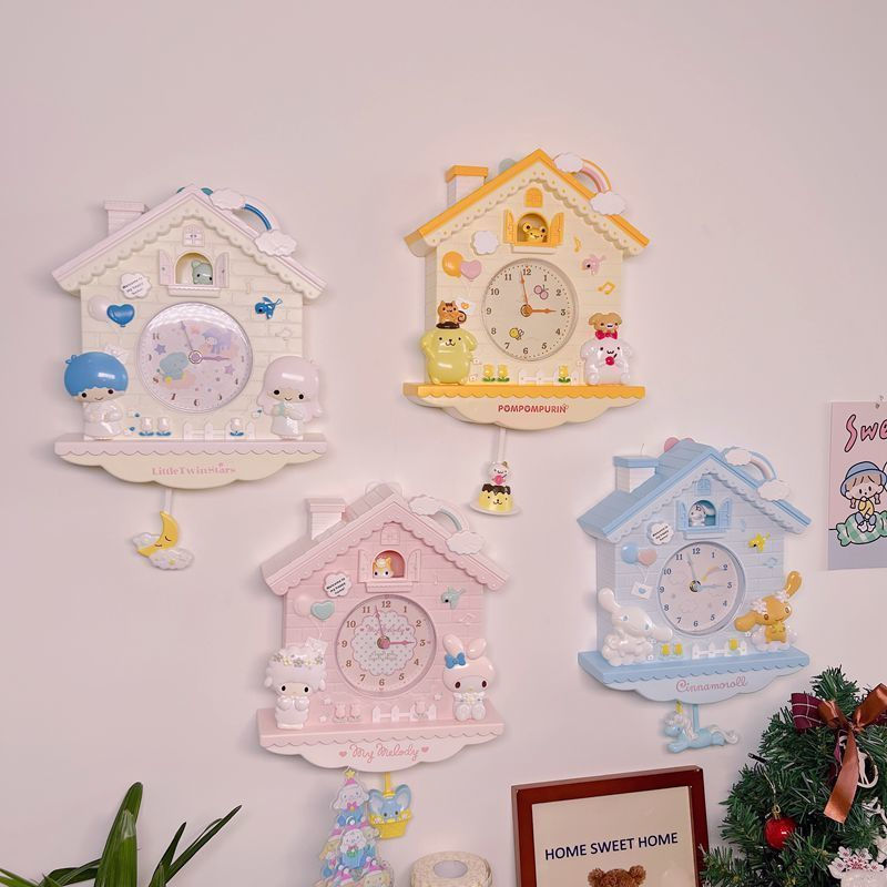 JUA Cute My Melody Bedroom Decorative Wall Clock melody Cinnamon Dog and Pudding Dog Pendulum Clock 