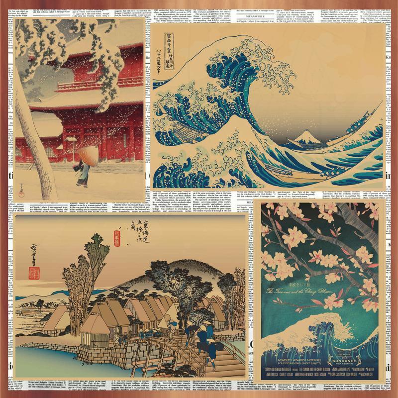 ภาพวาดตกแต่ง Japan Ukiyo-e Waves Sakura Tokaido Mount Fuji Retro โปสเตอร์ตกแต่ง Izakaya ญี่ปุ่น