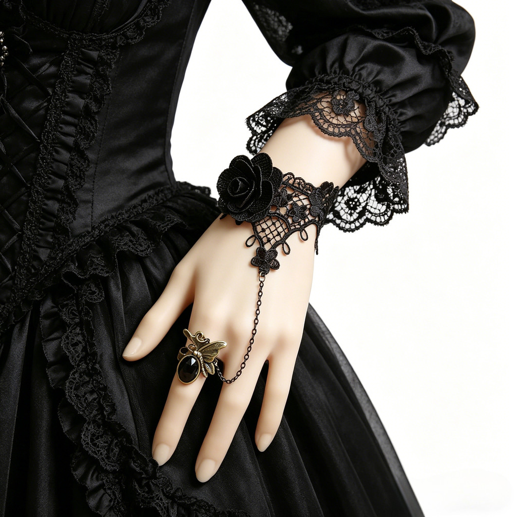 Dark Gothic ลูกไม้ Rose สร้อยข้อมือแหวนชุด Retro Court สไตล์อุปกรณ์เสริม Lolita อุปกรณ์เสริม