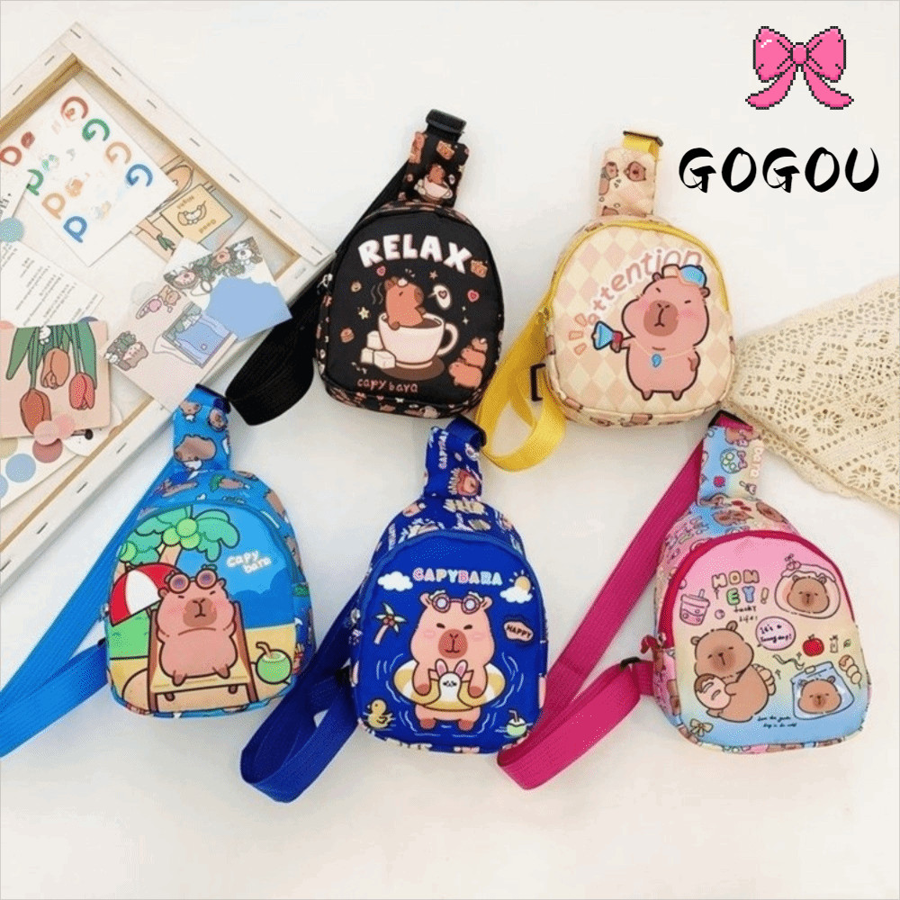 GOGOU Capybara กระเป๋าคาดหน้าอก แบบน้ำหนักเบาที่มีซิป พร้อมการออกแบบสัตว์การ์ตูนน่ารักสำหรับเด็กอนุบาล