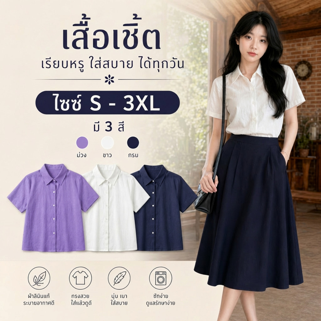 เสื้อเชิ้ตแขนสั้น ทรงคลาสสิก ผ้าลินิน มีไซส์S-3XL ใส่สบาย สไตล์เกาหลี เรียบหรูดูแพง แมทช์ง่ายได้ทุกลุค