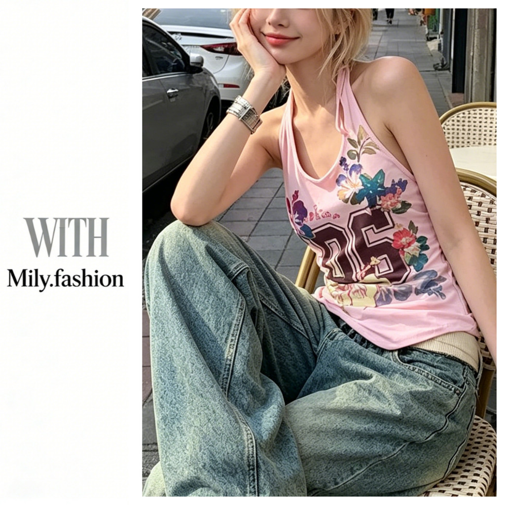 Milyfashion สไตล์วันหยุด Modal Slim-fit Slimmer ดูดอกไม้พิมพ์ Halter คอแคบเอวสลิงแขนกุดยืดหยุ่นสูงนุ
