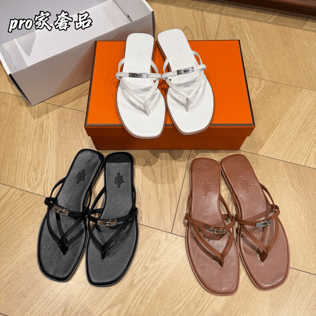 [Hold Certificer] [PRO Home Luxury Products] HERMES HERMES รองเท้าแตะนําเข้าหนังแกะ Square Toe Flat 