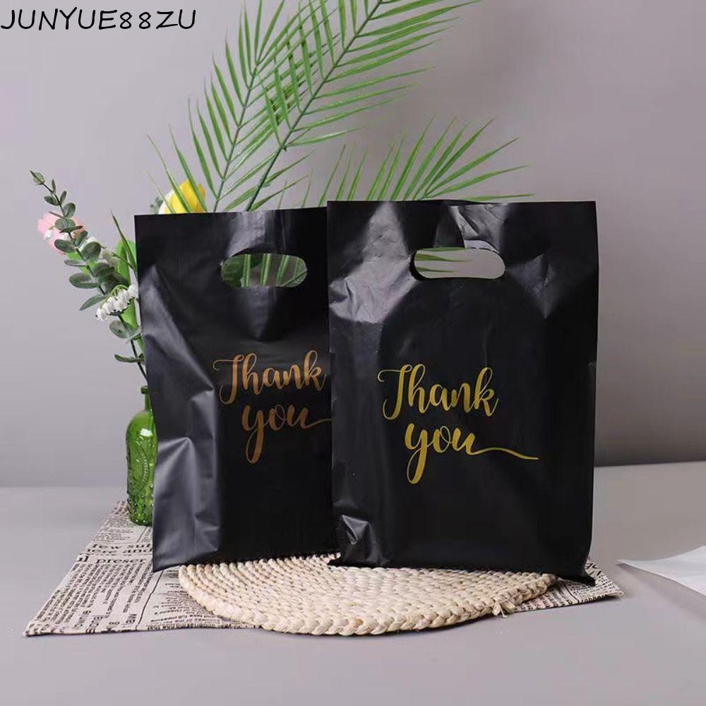 JUNYUE88ZU 100 ชิ้นขอบคุณถุงบรรจุภัณฑ์,พลาสติกพลาสติกนํามาใช้ใหม่ขอบคุณกระเป๋า,เสื้อผ้ากระเป๋าสีดําน