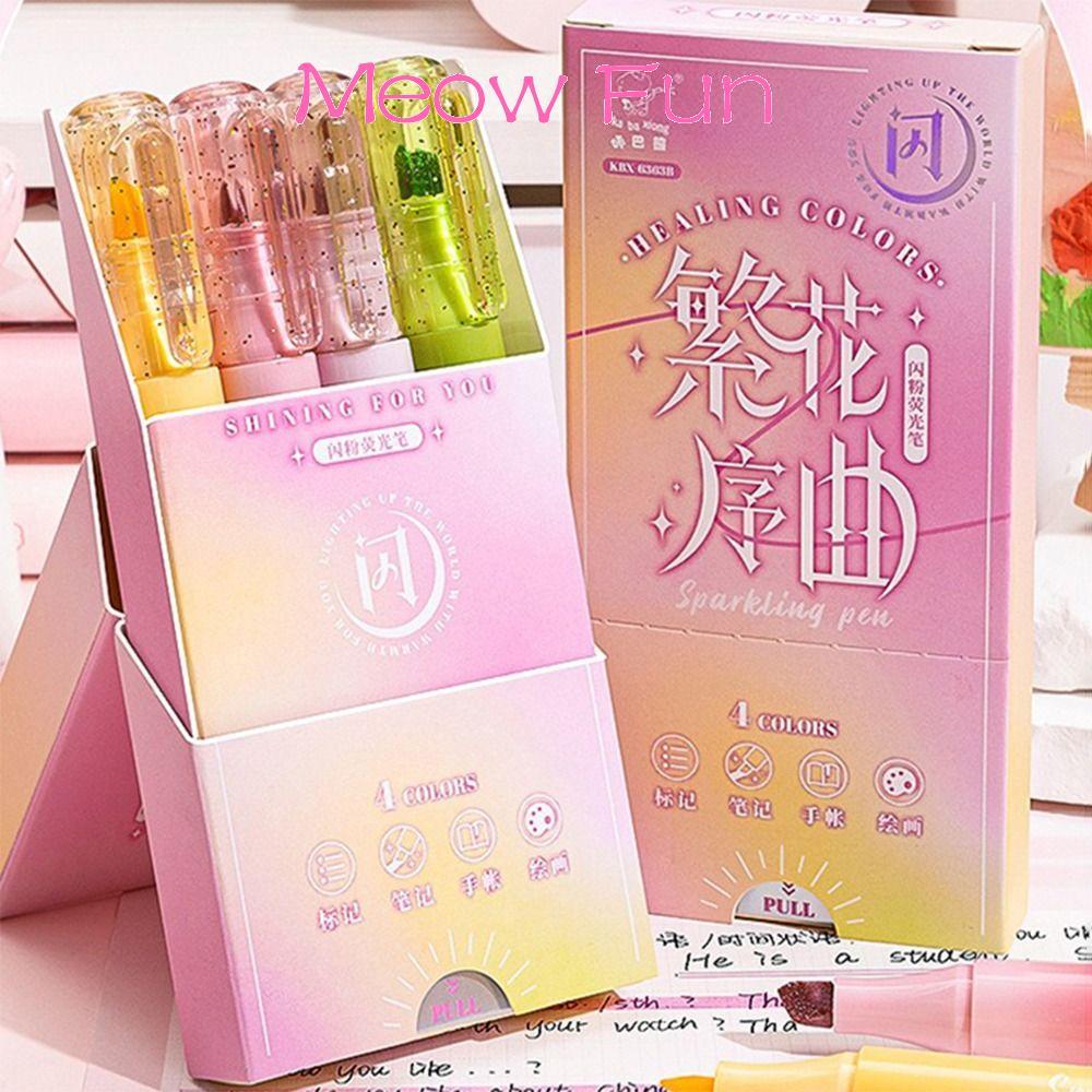 ALONGOF 4PCs/Set Shiny Highlighter Pen, Eye Protection Glitter Fluorescent Pen, Creative Oblique Tip