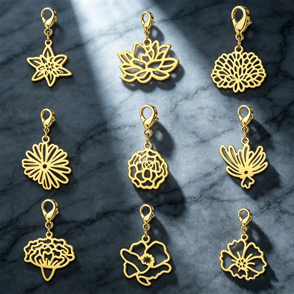 MYSHAPE 1 ชิ้น Birth เดือนดอกไม้ Charms พร้อมเข็มกลัดกุ้งก้ามกราม Rose Daisy จี้สแตนเลสสําหรับ Figaro โซ่สร้อยข้อมือเครื่องประดับ