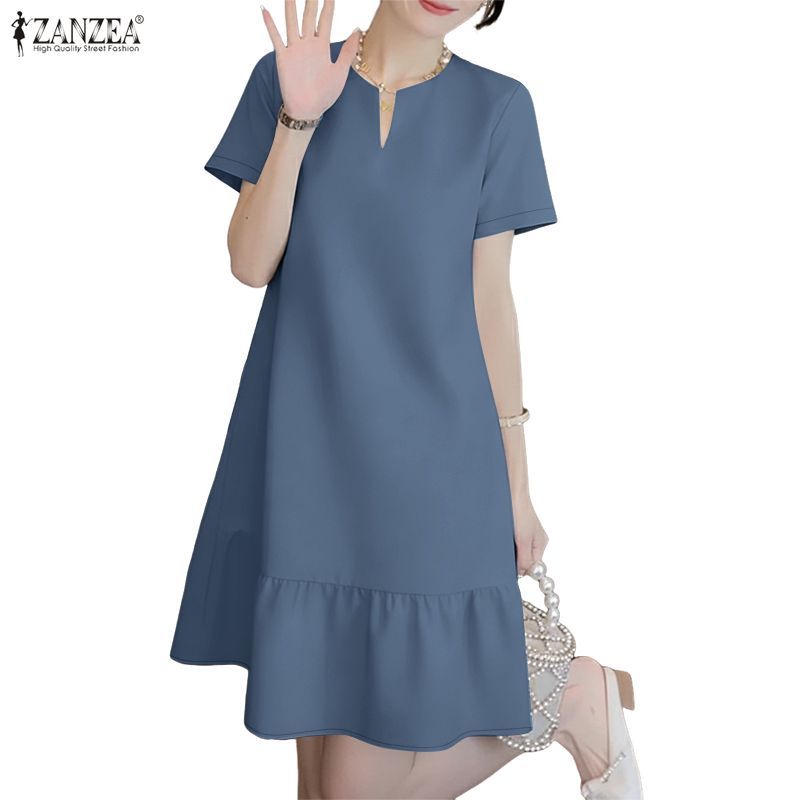 ZANZEA ซานเซีย ชุดเดรสสตรีแฟชั่นเกาหลีลําลองคอวีแขนสั้นใบบัวมิ้ม