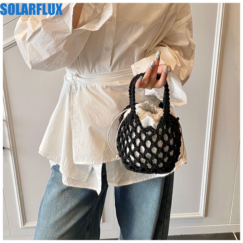 SOLARFLUX กระเป๋าสาน, Bohemian Hollowed Out กระเป๋าถัก, กระเป๋าถือลําลอง Mini Bucket Bag ความจุขนาดใหญ่โครเชต์ Tote Bag กลางแจ้ง