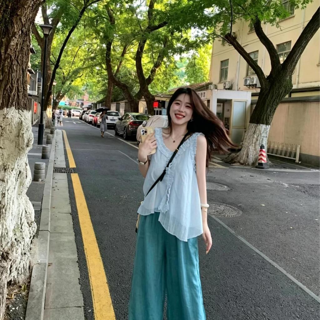 👚Anna_fashion👚เสื้อแขนกุดคอวีทรงน่ารัก ตกแต่งด้วยระบาย เสื้อกล้ามแขนกุดสำหรับฤดูร้อน ผ้าเนื้อเบา 99412 รูปที่ 5