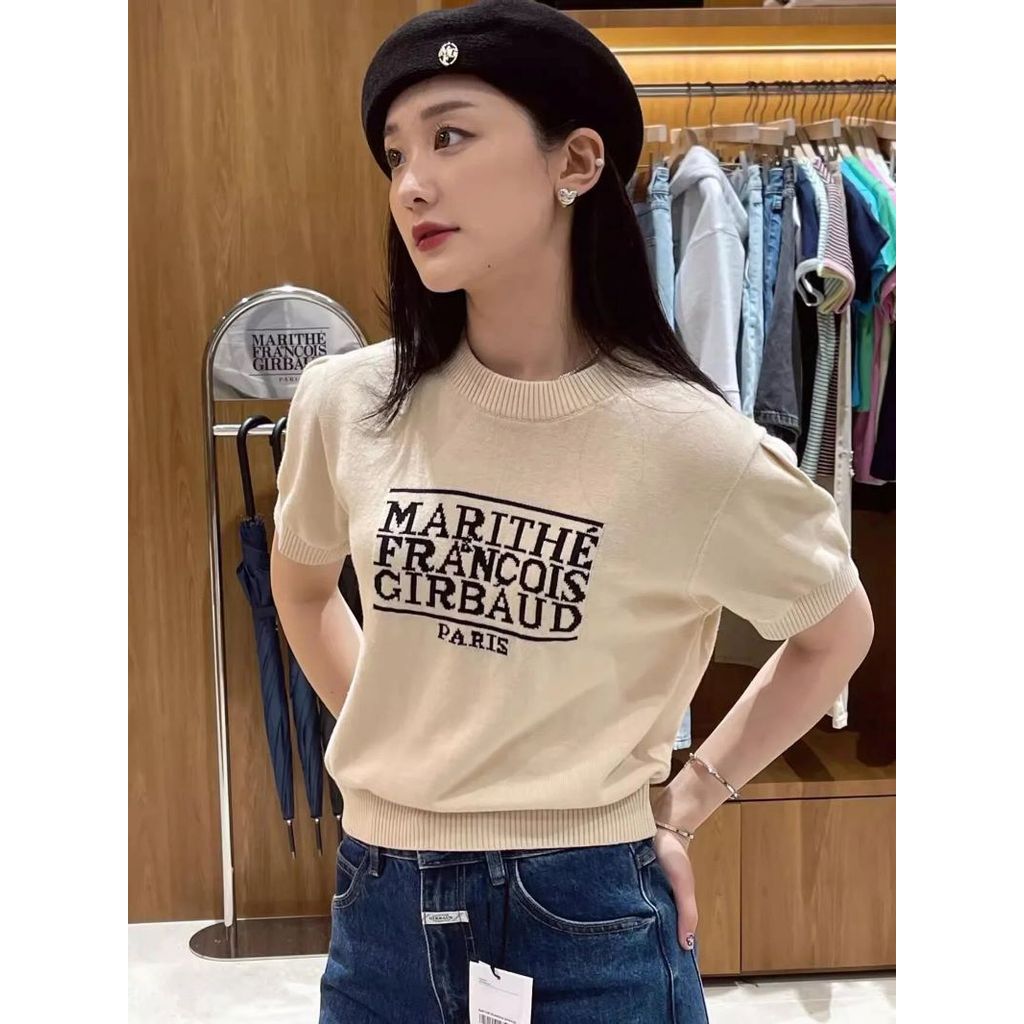 Letter Print Crew Neck Short Sleeve Knit Top Summer Elegant Niche Short Shirt