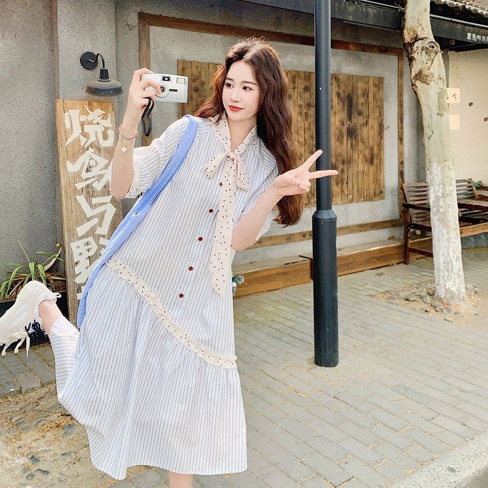 [LININ] สีฟ้าอ่อน Retro Preppy สไตล์ชุดกลางความยาวเวอร์ชั่นเกาหลีหลวม Polka Dot Lace-Up เสื้อชุด