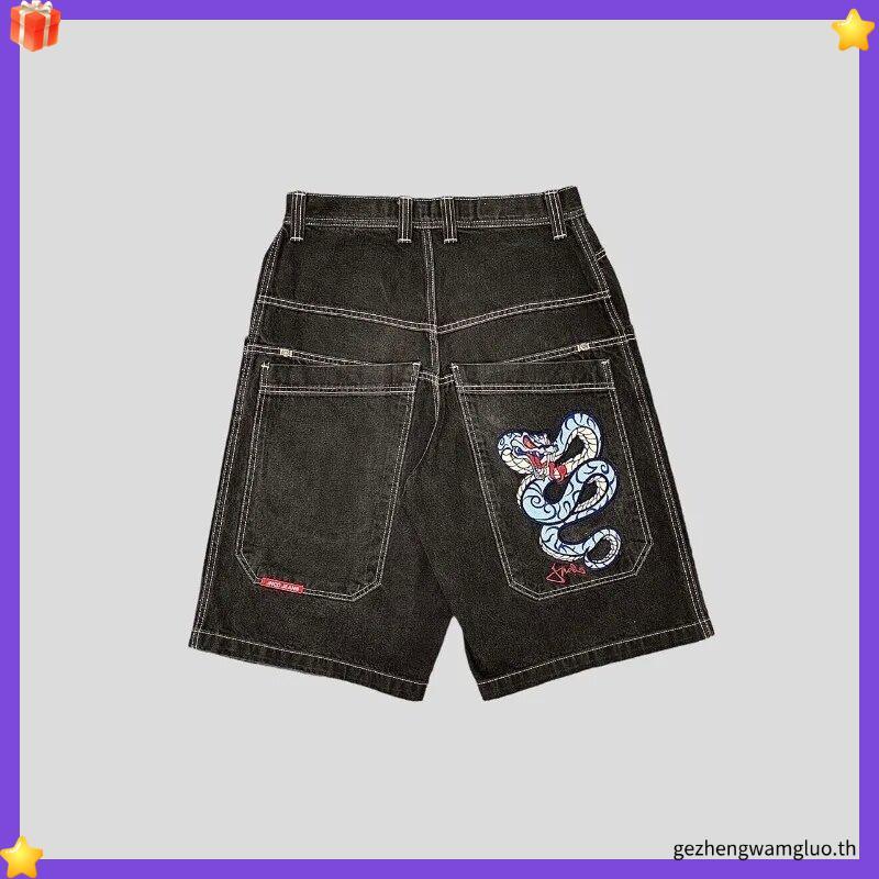 Harajuku JNCO ปักรูปแบบกางเกงขาสั ้ นบุรุษ Y2K Hip Hop กระเป ๋ า Baggy Denim กางเกงขาสั ้ นผู ้ หญิง