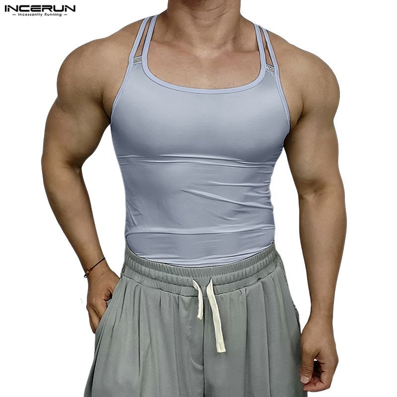INCERUN Men Vintage Gym Sporty Athletic Crew Neck Cross Design O-Ring Detail Thin Breathable Tanks