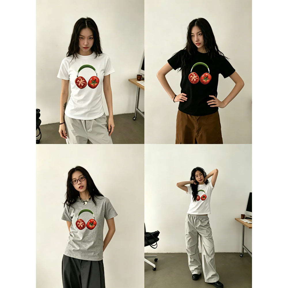 (จัดส่งตลอด 24 ชั่วโมง）เสื้อครอป baby tee ลายมะเขือเทศ🍅 หูฟัง🎧 น่ารักมาก สไตล์เกาหลี Y2K เสื้อรัดรูป🔥
