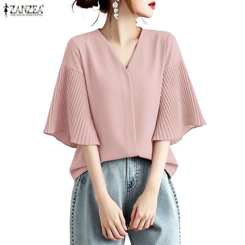ZANZEA สไตล์เกาหลี V-neck 3/4 Flare Sleeve Pleating Splicing หลวมสีทึบเสื้อ