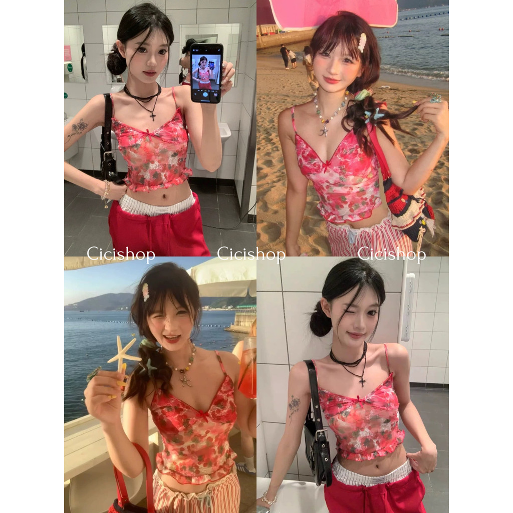 Cicishop(3368) เสื้อสายเดี่ยวชีฟองพิมพ์ลายดอกไม้ แต่งระบายสไตล์สาวเซ็กซี่ เหมาะสำหรับหน้าร้อนสุดๆ
