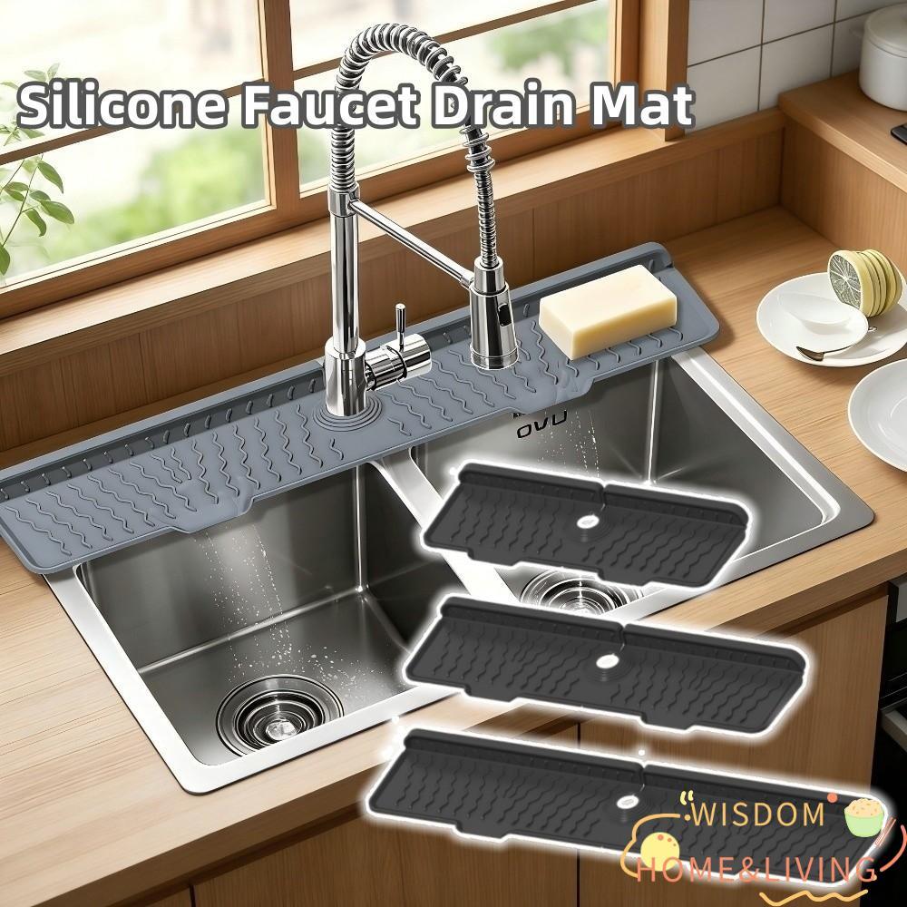 WISDOM อ่างล้างจาน Splash Guard, เสื่อท่อระบายน้ําก๊อกน้ําซิลิโคนกันลื่น, แบบพกพาปรับได้ 36/46/61 ซม.ความยาวชั้นวางสบู่สําหรับห้องน้ํา