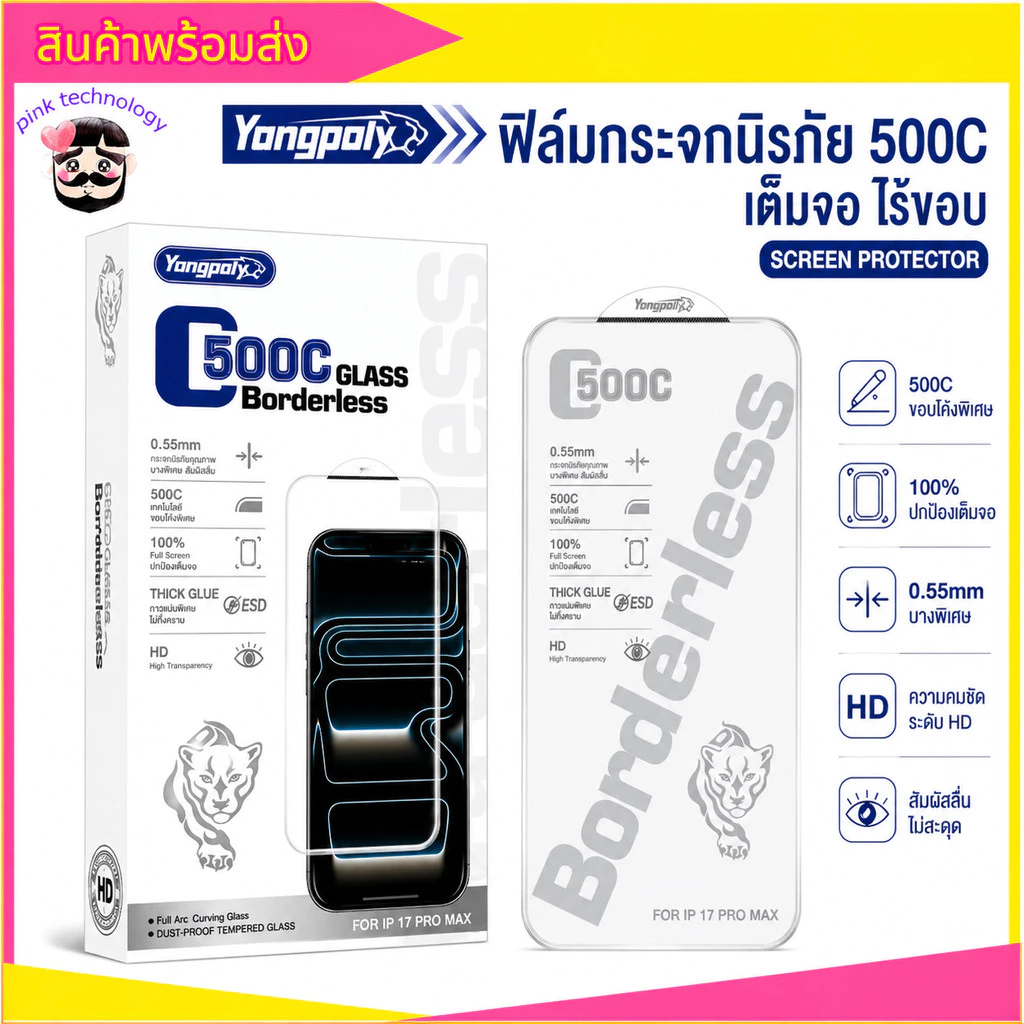 ฟิล์มกระจก 500C เต็มจอ ไร้ขอบ HD ใส กันกระแทก ไม่ดันเคส กันฝุ่นลำโพงสำหรับ IPHONE XR 11 12 13PROMAX 14PRO 15 16PROMAX 17