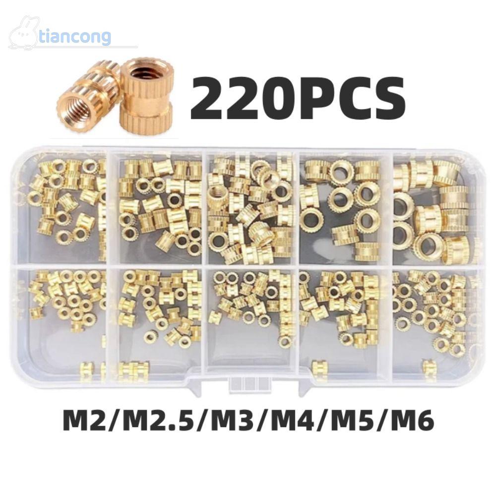 TIANCONG 220 ชิ้นทองเหลืองความร้อนชุดใส่ถั่ว, M2 M2.5 M3 M4 M5 M6 Precision|เม็ดมีดเกลียว Knurled CNC คุณภาพสูง|ทนต่ออุณหภูมิสูงถั่วฝังตัว