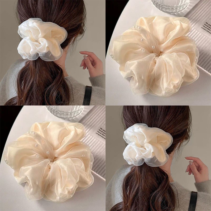 อ่อนโยนขนาดใหญ่สีขาวสีดําตาข่ายมุก Scrunchie เชือกผมผม Ties Scrunchies เครื่องประดับผม