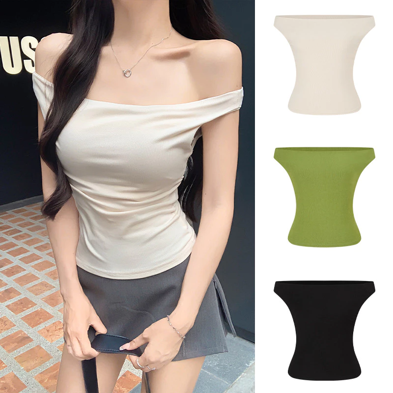 <Moss Queen> เสื้อยืดแขนสั้นเปิดไหล่สไตล์เกาหลี เสื้อครอป