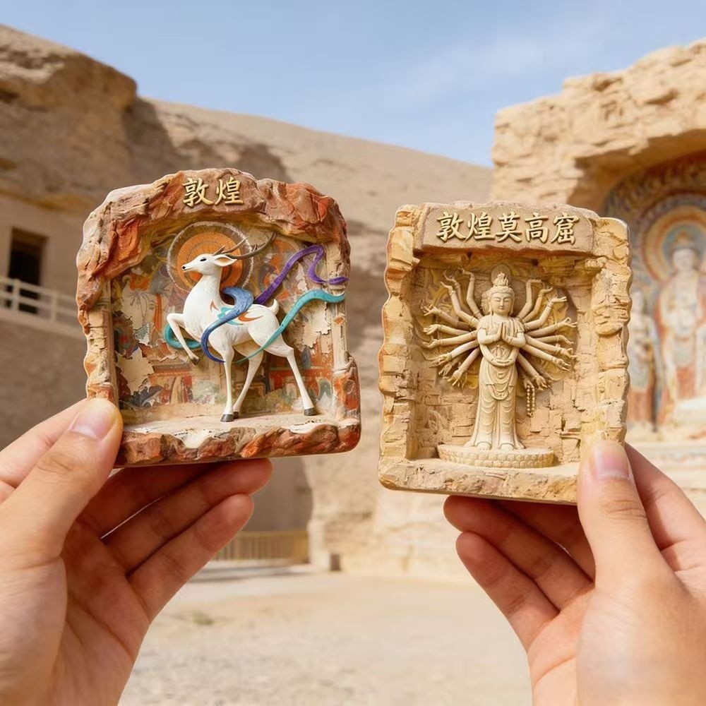 Mogao Cave สีสันพระเจ้ากวางตู้เย็นสติกเกอร์สามมิติเรซิ่น City Tourist ของที่ระลึกสร้างสรรค์สติกเกอร์แม่เหล็ก