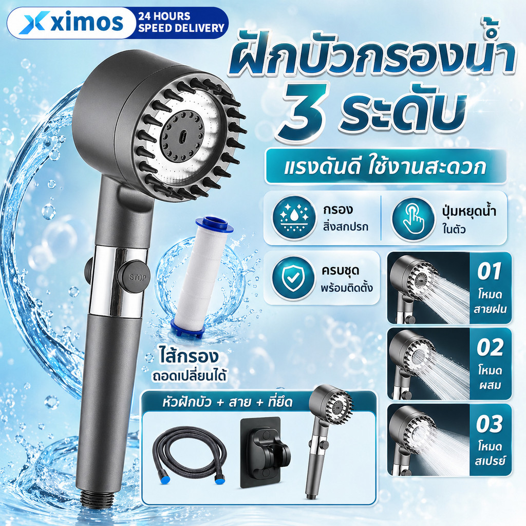 ฝักบัวแรงดันสูง 3in1 ฝักบัวอาบน้ำ กรองน้ำ รุ่นใหม่ เปิดปิดที่ฝักบัวได้ ปรับน้ำได้ 4รูปแบบ โหมดนวดตัว มาพร้อมไส้กรอง